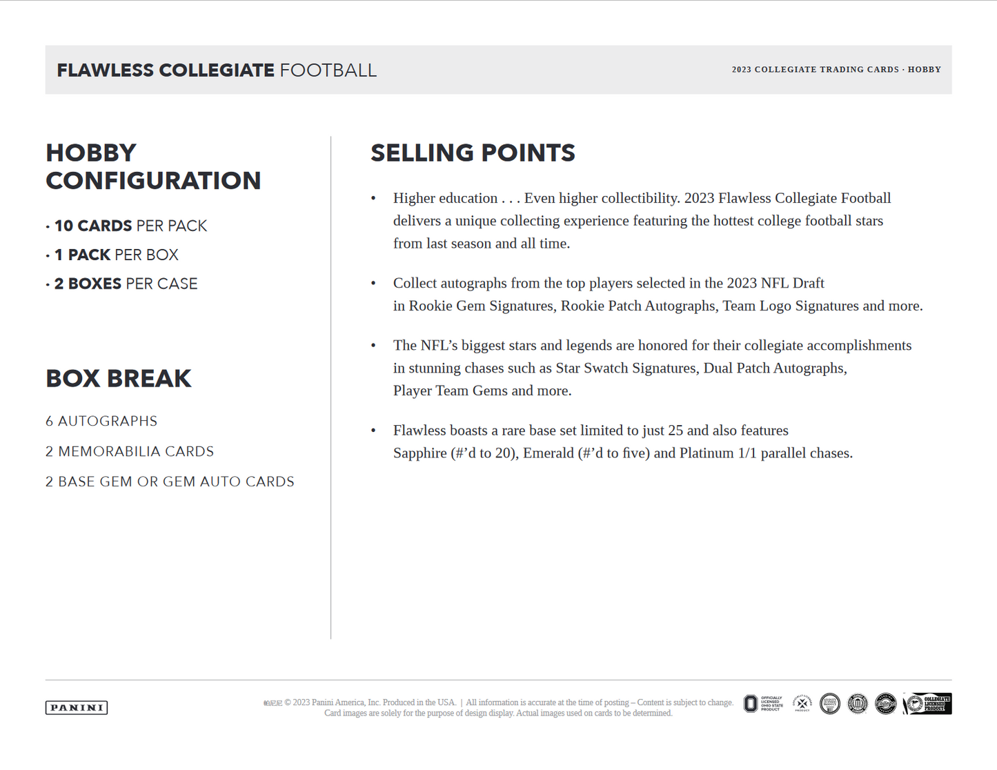 2023 Panini Flawless Collegiate Football Hobby 2 Box Case