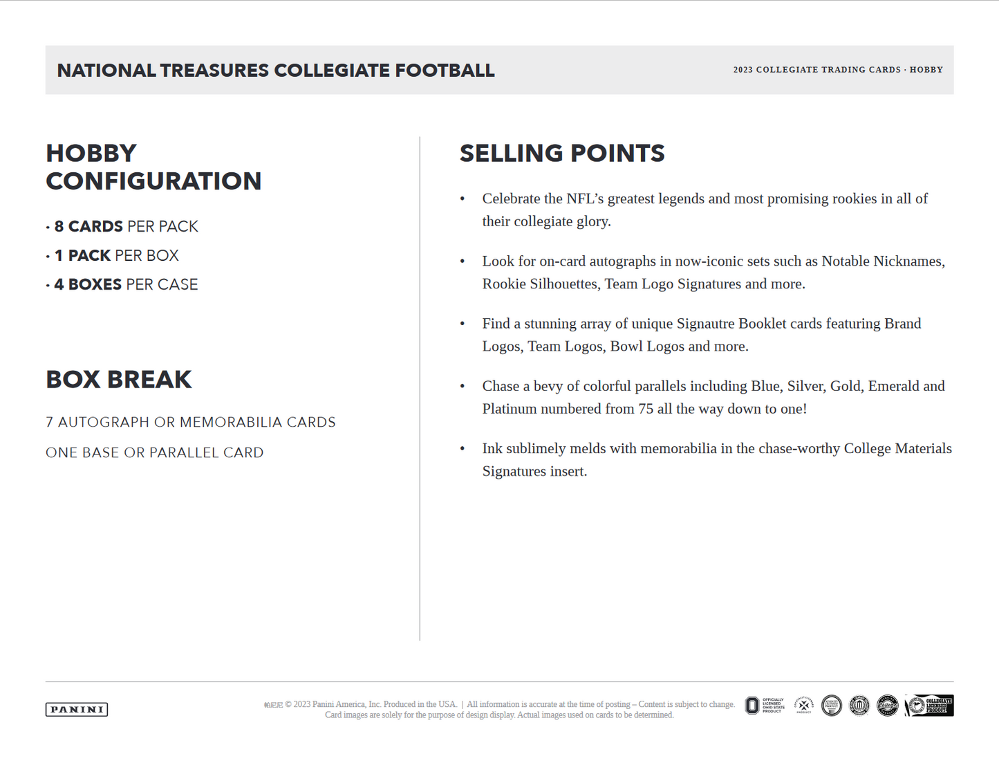 2023 Panini National Treasures Collegiate Football Hobby Box